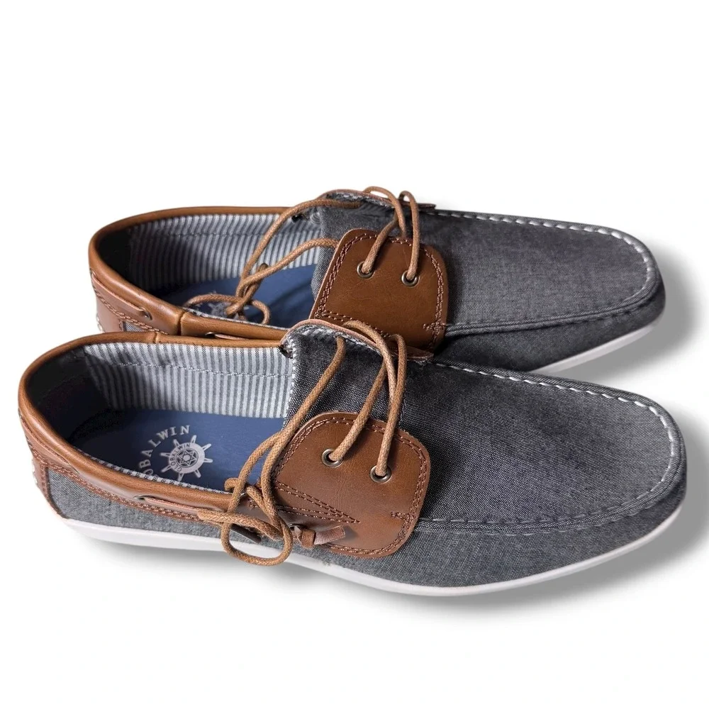 Globalwin Mens Sz 8.5 US Denim Boat Shoes Brown Leather Accents Lace Up Casual